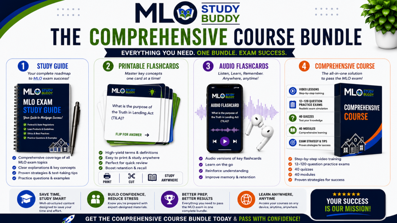 MLO Study Buddy Comprehensive Course Bundle showing the study guide, printable flashcards, audio flashcards and comprehensive course