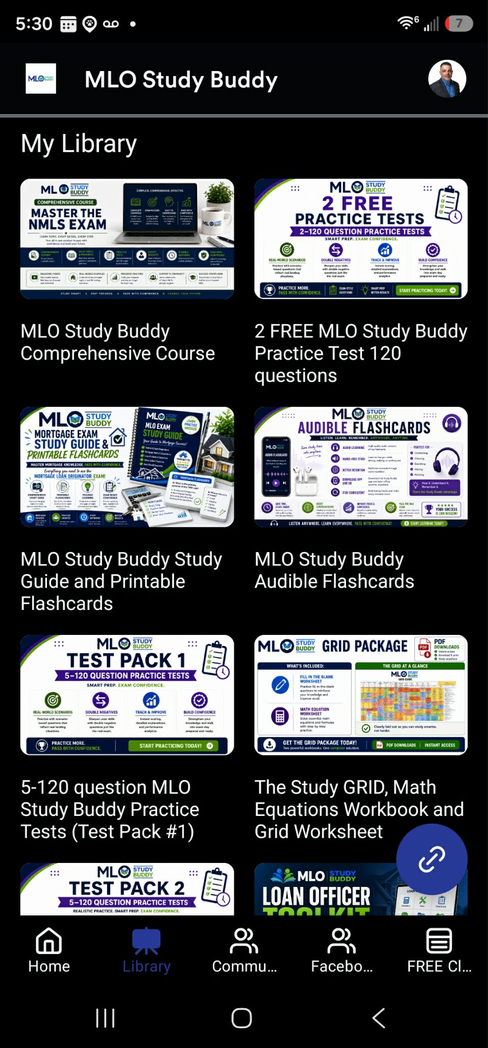 MLO Study Buddy app library showing learning materials and separately sold products