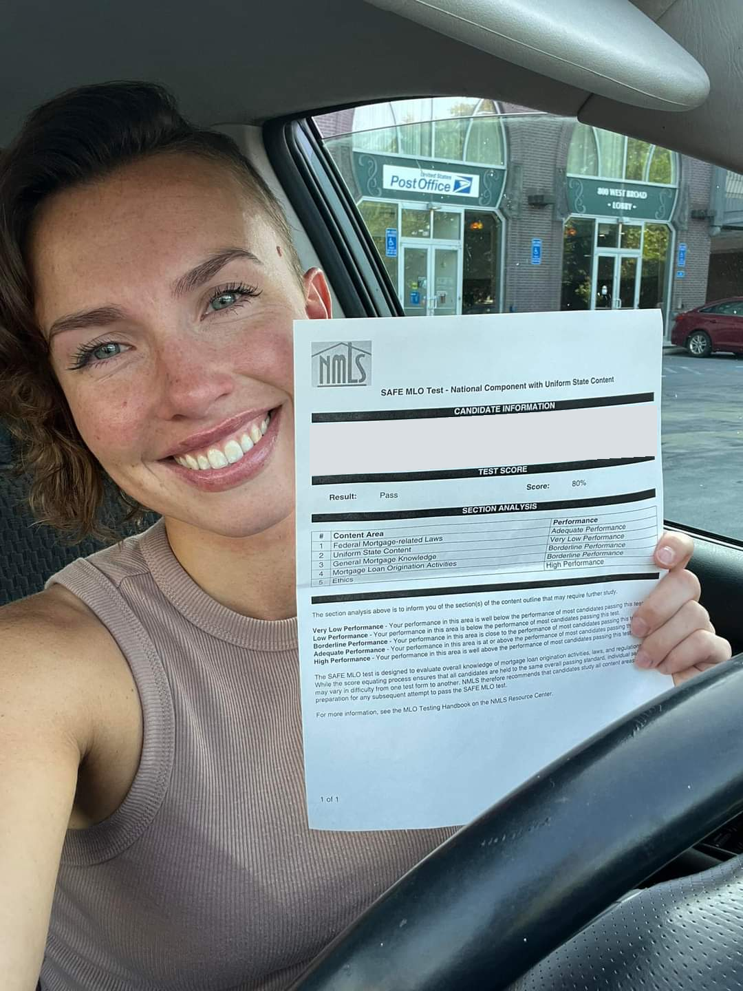 Student celebrating a SAFE MLO Exam pass; candidate information obscured