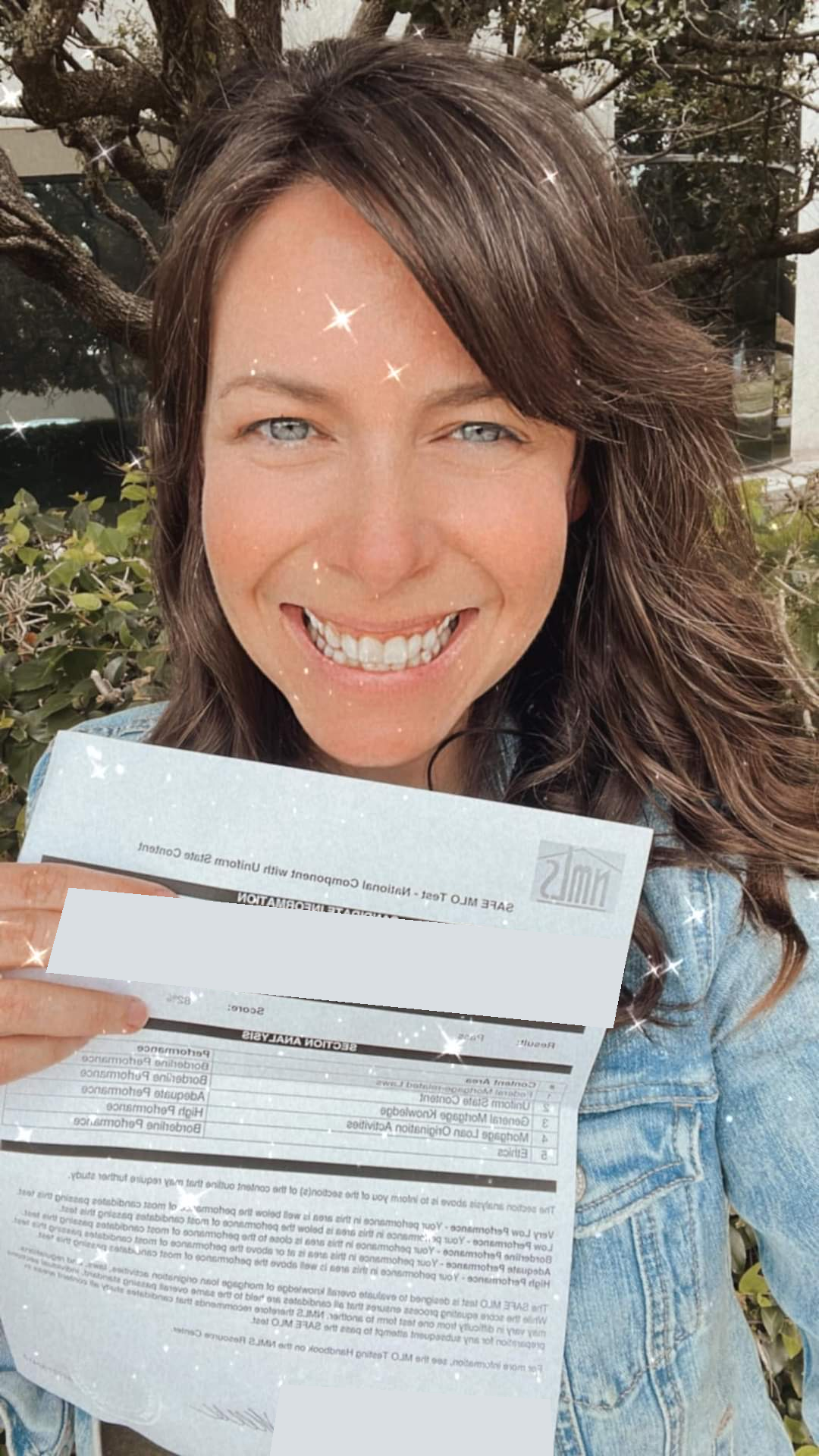 Student celebrating with a SAFE MLO Exam result sheet; candidate information obscured
